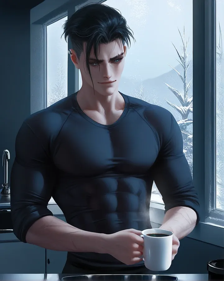 コーヒーを片手にくつろぐアニメ系AI彼氏